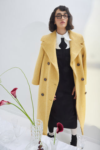 Classic Wool-Blend Double-Breasted Coat – Mustard
