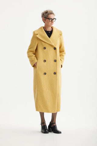 Classic Wool-Blend Double-Breasted Coat – Mustard