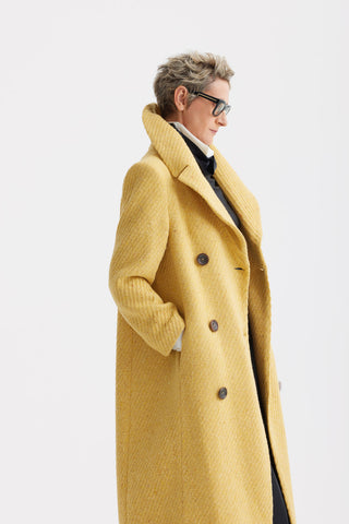 Classic Wool-Blend Double-Breasted Coat – Mustard