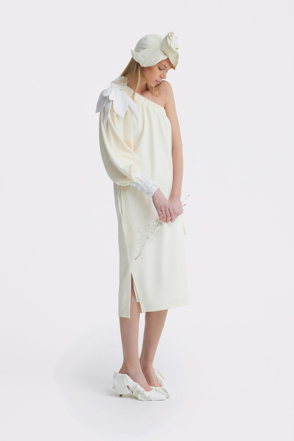 Cocktail One-Shoulder Midi Dress Ecru