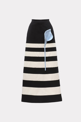 Contemporary Striped A-Line Skirt, Floral Detail– Black-White