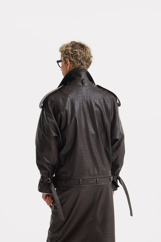 Croc-Effect Faux Leather Oversized Jacket –  Dark Brown