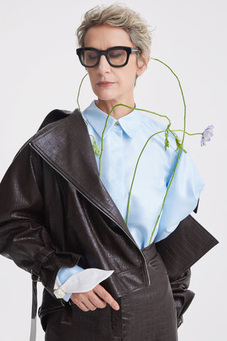 Croc-Effect Faux Leather Oversized Jacket –  Dark Brown