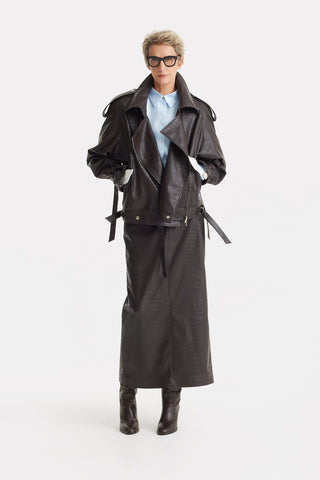 Croc-Effect Faux Leather Straight Long Skirt With Belt -  Dark Brown