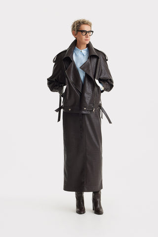 Croc-Effect Faux Leather Straight Long Skirt With Belt -  Dark Brown