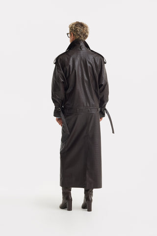 Croc-Effect Faux Leather Straight Long Skirt With Belt -  Dark Brown