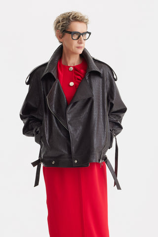 Croc-Effect Faux Leather Oversized Jacket –  Dark Brown