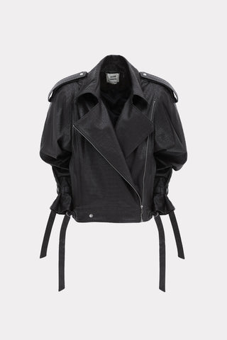 Croc-Effect Faux Leather Oversized Jacket – Black