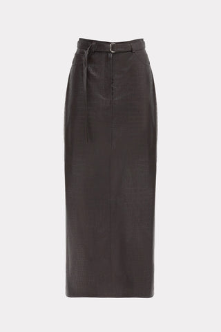 Croc-Effect Faux Leather Straight Long Skirt With Belt -  Dark Brown