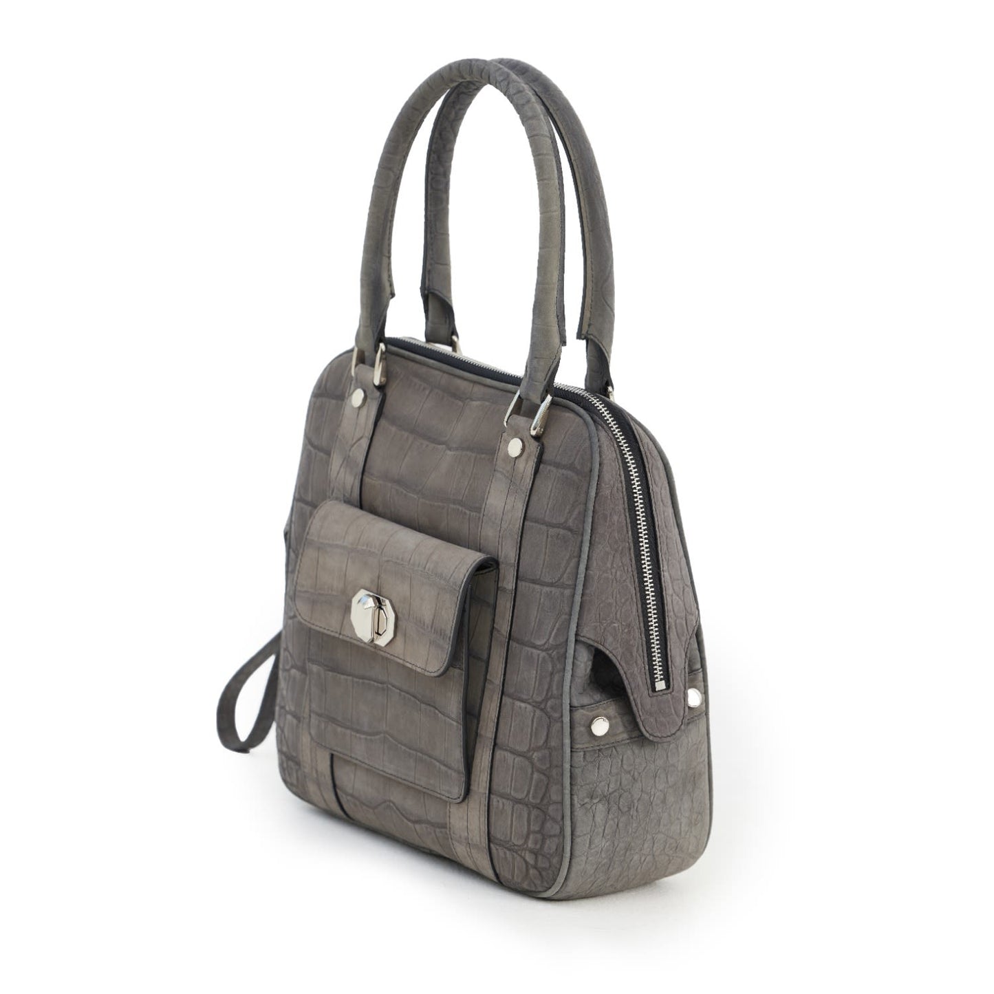 Croco Texture Leather Tote Handbag Grey Small