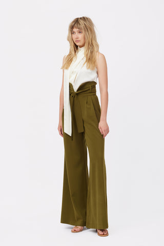 Dark Olive High Waist Long Wide Leg Trousers