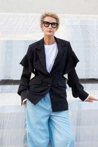 Designer Classic Cut Blazer With Sleeve Twist - Black