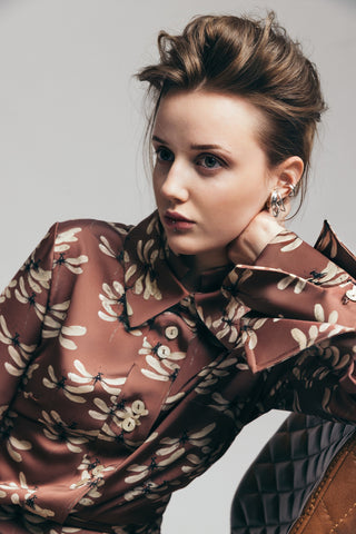 Designer Dragonfly Satin Shirt Terracotta Pink