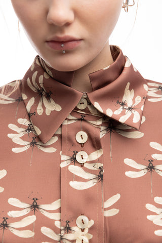 Designer Dragonfly Satin Shirt Terracotta Pink