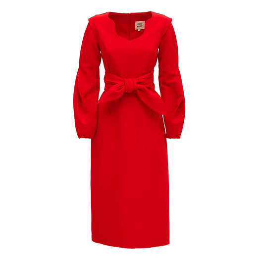 Designer Fitted Midi Dress With Belt Red