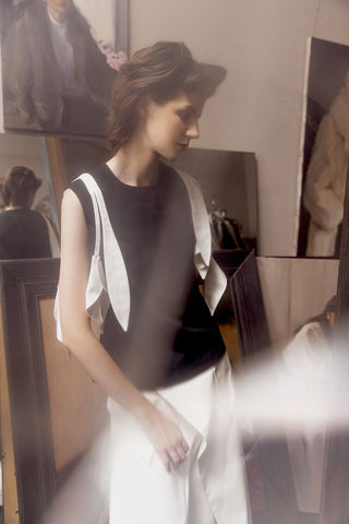 Designer Fitted Sleeveless Top, Floral Accent - Black