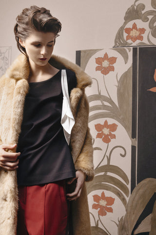 Designer Fitted Sleeveless Top, Floral Accent - Black