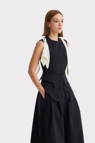 Designer Fitted Sleeveless Top, Floral Accent - Black