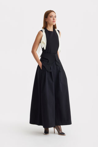 Designer Fitted Sleeveless Top, Floral Accent - Black