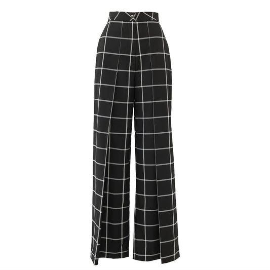 Designer High-Waisted Plaid Trousers