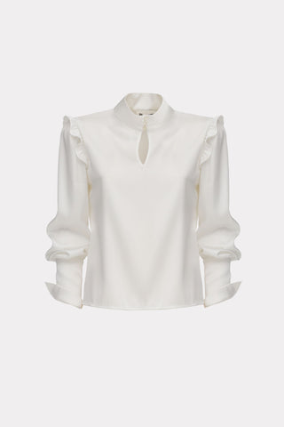 Designer Satin Blouse With Bishop Sleeves And Stand Collar — Ivory