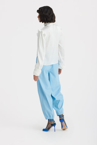 Designer Satin Blouse With Bishop Sleeves And Stand Collar — Ivory