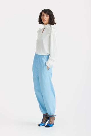 Designer Satin Blouse With Bishop Sleeves And Stand Collar — Ivory