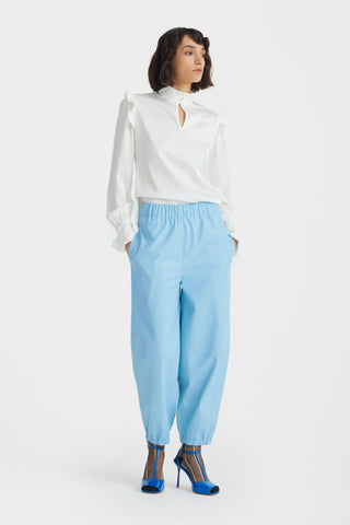 Designer Satin Blouse With Bishop Sleeves And Stand Collar — Ivory