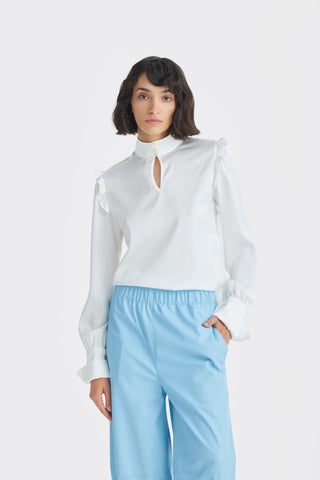 Designer Satin Blouse With Bishop Sleeves And Stand Collar — Ivory