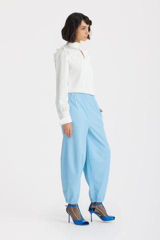 Designer Satin Blouse With Bishop Sleeves And Stand Collar — Ivory