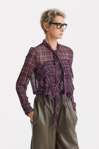 Designer Sheer Plaid Сhiffon Shirt Burgundy