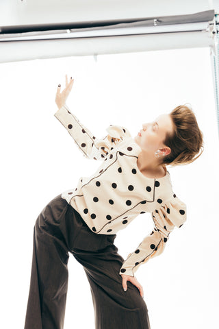 Dramatic Top With Voluminous Sleeves Polka Dot Beige