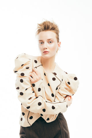 Dramatic Top With Voluminous Sleeves Polka Dot Beige