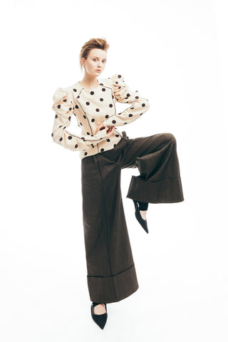 Dramatic Top With Voluminous Sleeves Polka Dot Beige