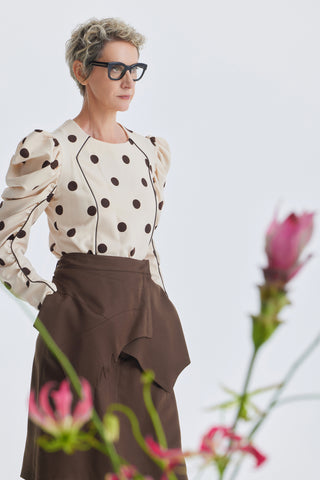 Dramatic Top With Voluminous Sleeves Polka Dot Beige