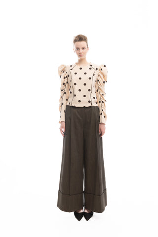 Dramatic Top With Voluminous Sleeves Polka Dot Beige