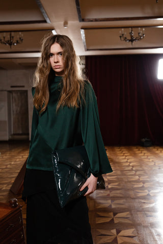 Draped Satin Blouse With Asymmetrical Sleeve Emerald