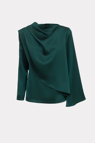 Draped Satin Blouse With Asymmetrical Sleeve Emerald