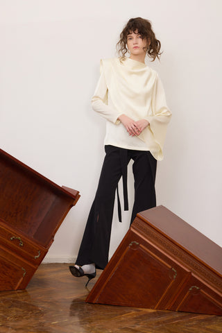 Draped Satin Blouse With Asymmetrical Sleeve Ivory