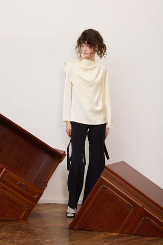 Draped Satin Blouse With Asymmetrical Sleeve Ivory