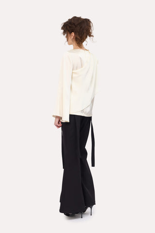Draped Satin Blouse With Asymmetrical Sleeve Ivory