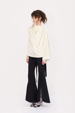 Draped Satin Blouse With Asymmetrical Sleeve Ivory