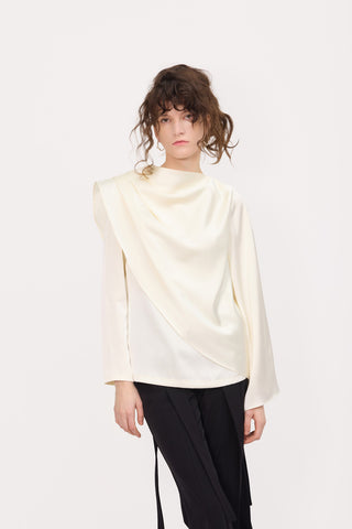 Draped Satin Blouse With Asymmetrical Sleeve Ivory