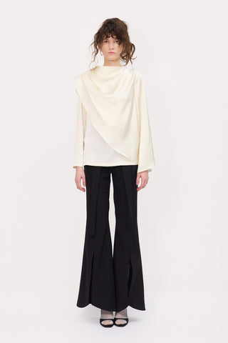 Draped Satin Blouse With Asymmetrical Sleeve Ivory