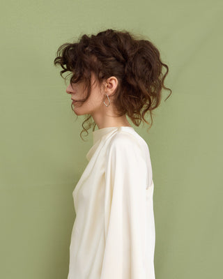 Draped Satin Blouse With Asymmetrical Sleeve Ivory