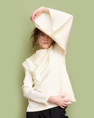 Draped Satin Blouse With Asymmetrical Sleeve Ivory