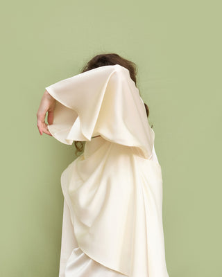 Draped Satin Blouse With Asymmetrical Sleeve Ivory
