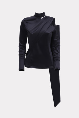 Draped Shoulder Long-Sleeve Blouse Black