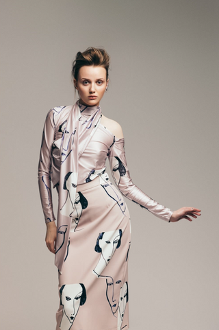 Draped Shoulder Long-Sleeve Printed Blouse Pale Pink