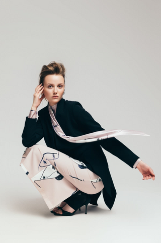 Draped Shoulder Long-Sleeve Printed Blouse Pale Pink